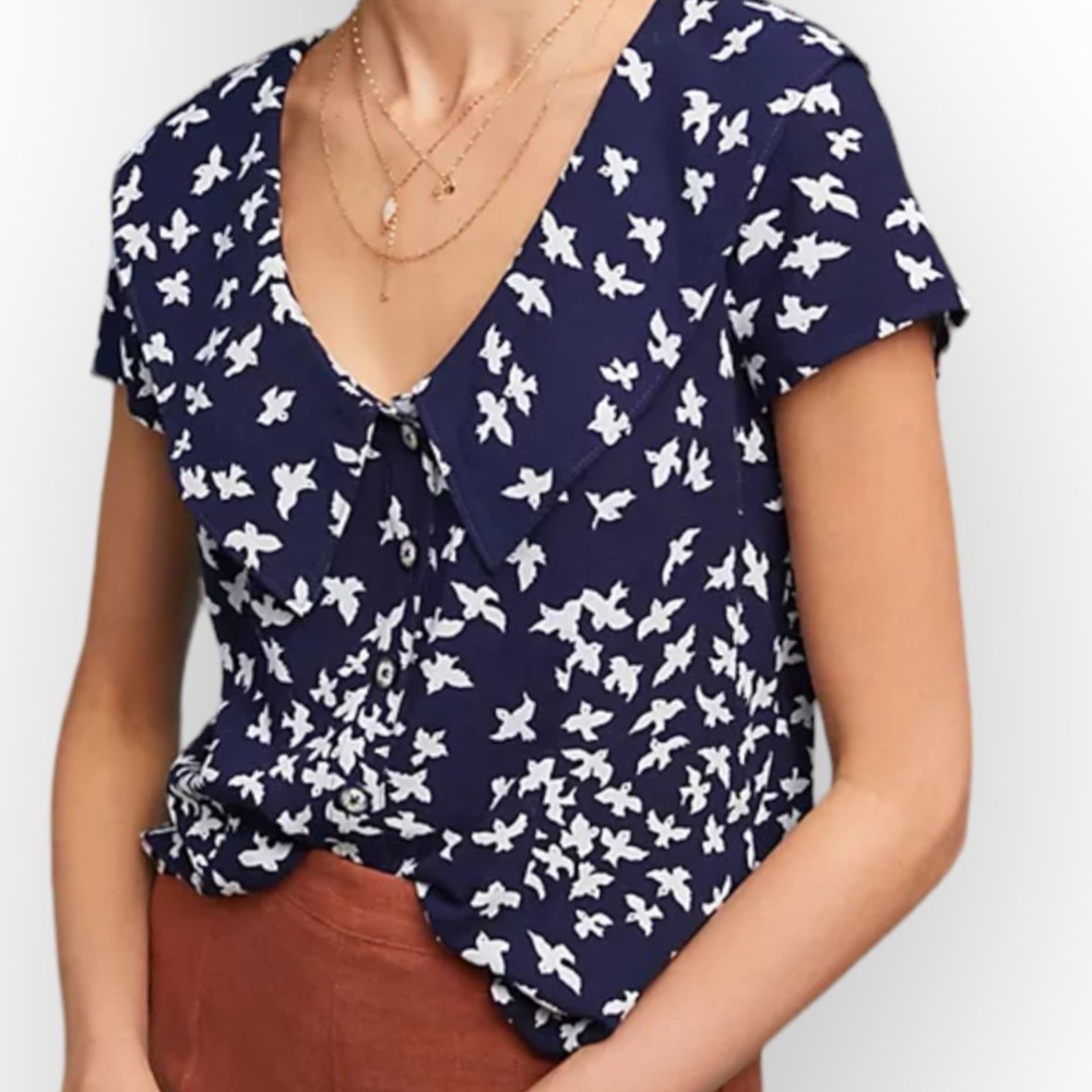 Maeve Anthropologie Clara Bird Print Blouse Navy White Size 10